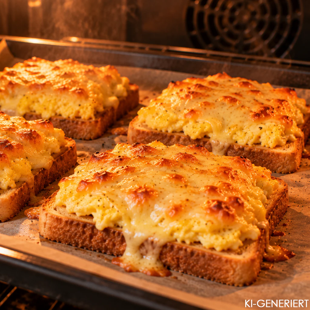 Rezept für überbackenen Toast mit Rührei und Käse: Frühstück mit Käsekruste
