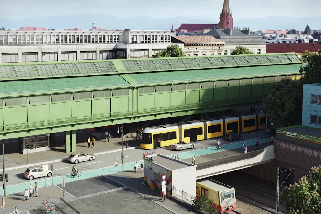 Die Visualisierung zeigt die neue Schönhauser-Allee-Brücke. Bis sie voraussichtlich Ende 2032 fertig wird, bleibt die Straßenbahnlinie M1 in diesem Bereich unterbrochen.