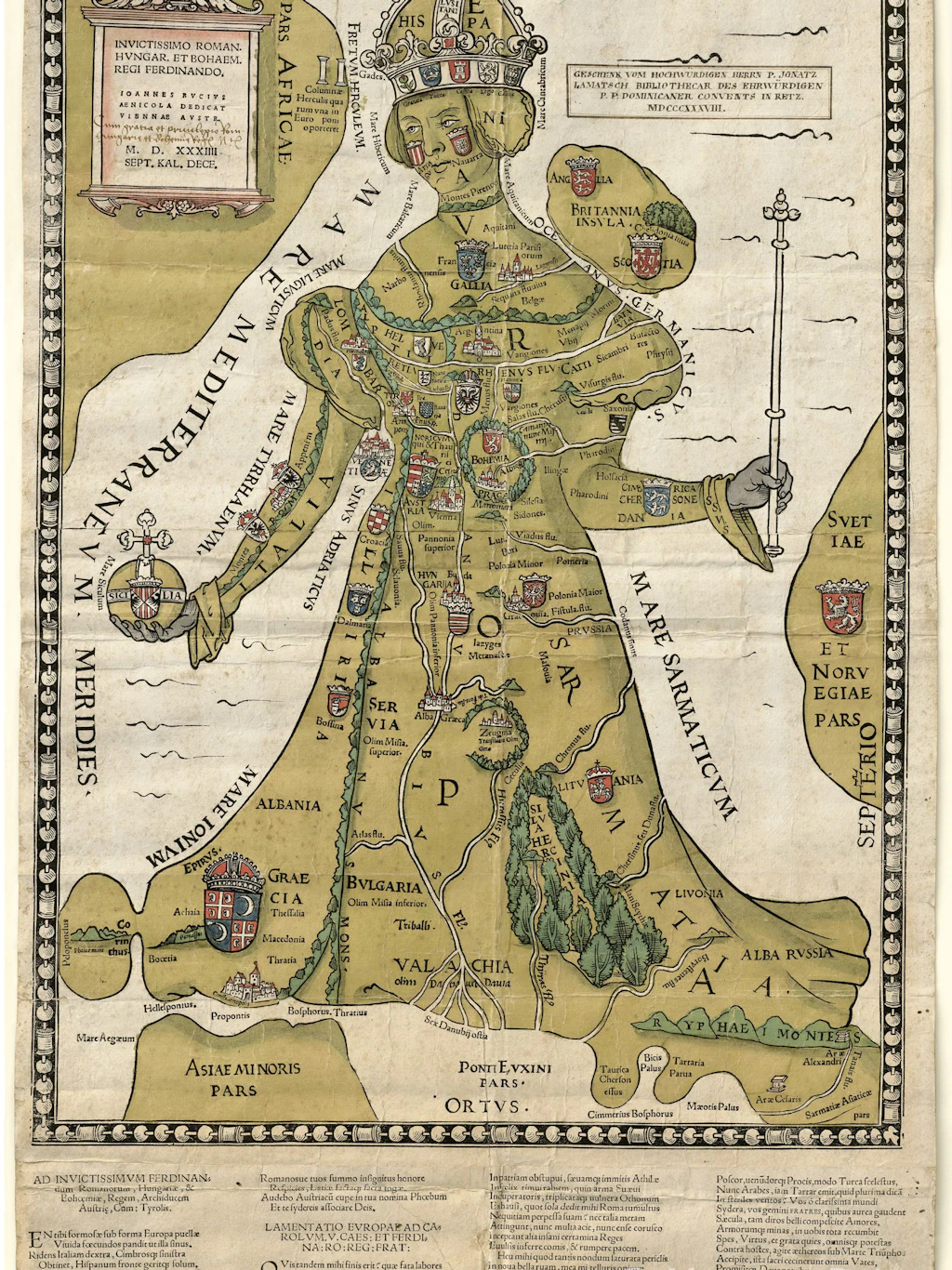 „Königin Europa“, Holzschnitt 1534; Entwurf: Johannes Putsch (1516–1542); Ausführung: Jost Dennecker (ca. 1485–1544)