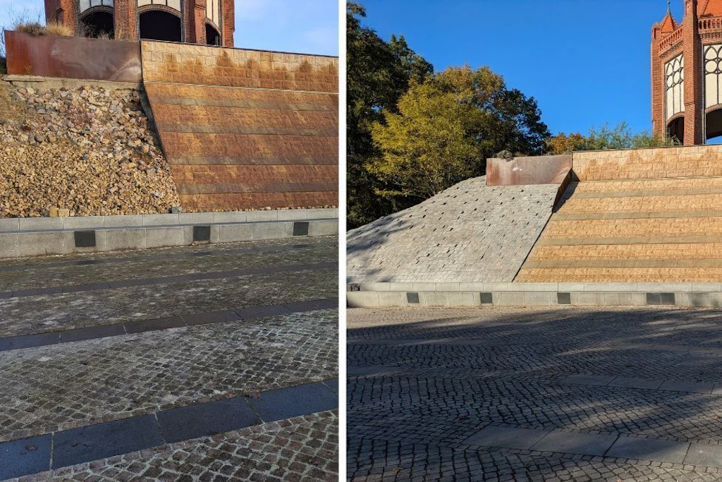 Wasserkaskade in Rathenow: Die beiden Steilhänge am Bismarckturm sind mit Großsteinpflaster befestigt und oben mit einem Stahlgeländer gesichert.