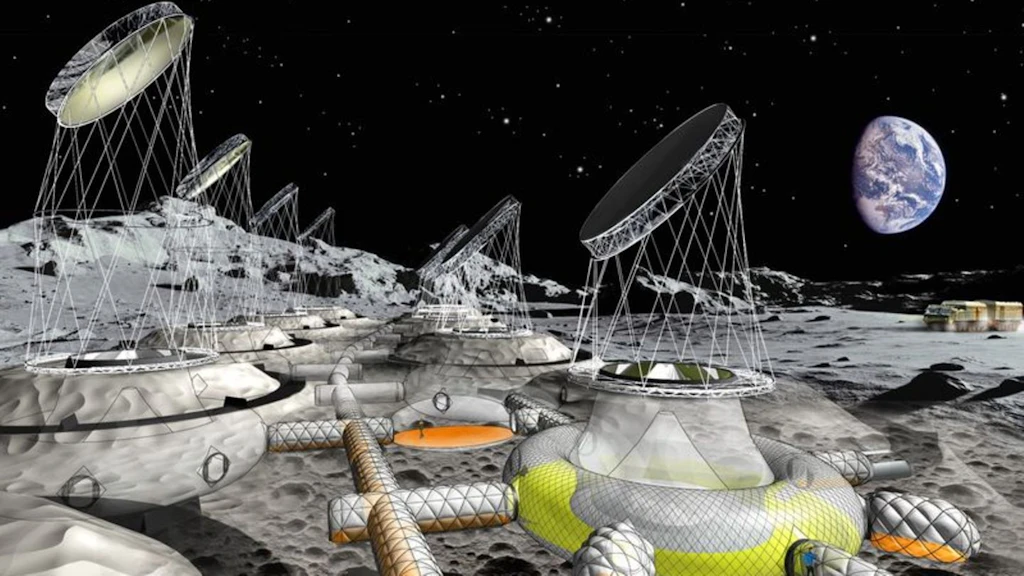 Eine Mondstation, wie sie die Esa 2022 vorstellte, eine Idee des österreichischen Unternehmens Pneumocell. Aufblasbare Ringelemente sollen Gewächshäuser enthalten und große Spiegel das Sonnenlicht umlenken.