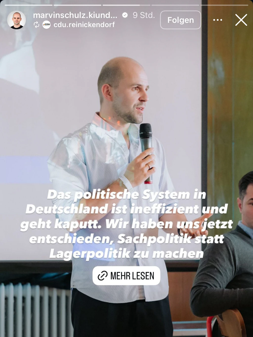 Marvin Schulz teilt einen Beitrag der CDU-Reinickendorf mit sich auf seinem eigenen Instagram-Account.
