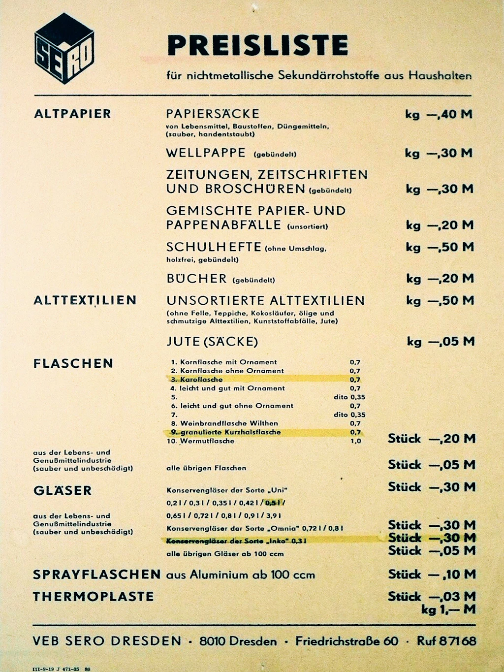 Erinnern Sie sich noch? Die Preisliste vom Sero-Handel