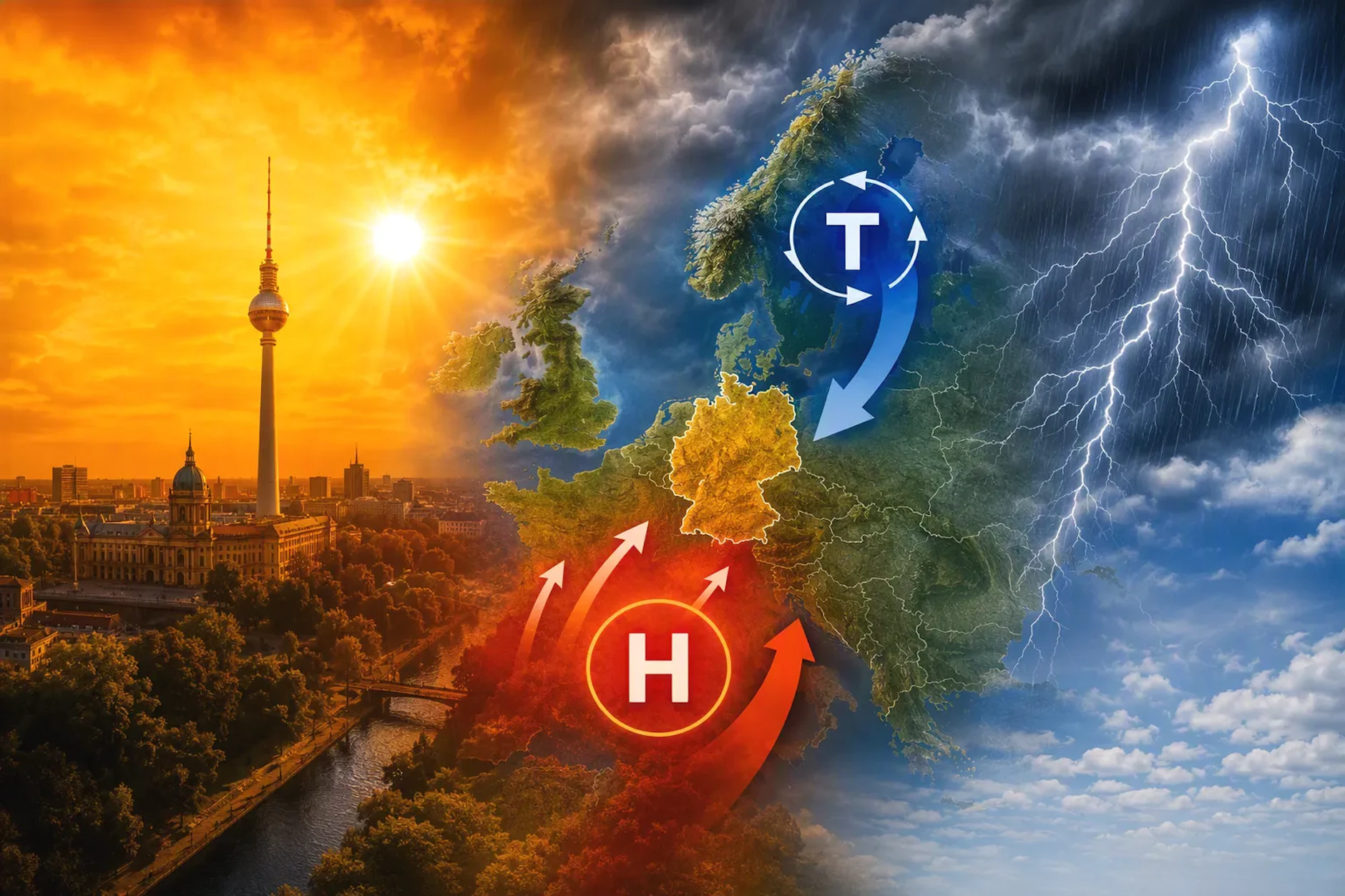 So stellt sich die KI den Kampf zwischen Tiefdruck- und Hochdruckgebiet vor: Zum Donnerstag hin könnte ein Tiefdruckgebiet aus Skandinavien die Hitze aus Deutschland vertreiben. Für Dienstag und Mittwoch sind aber erstmal schwere Gewitter angekündigt.  